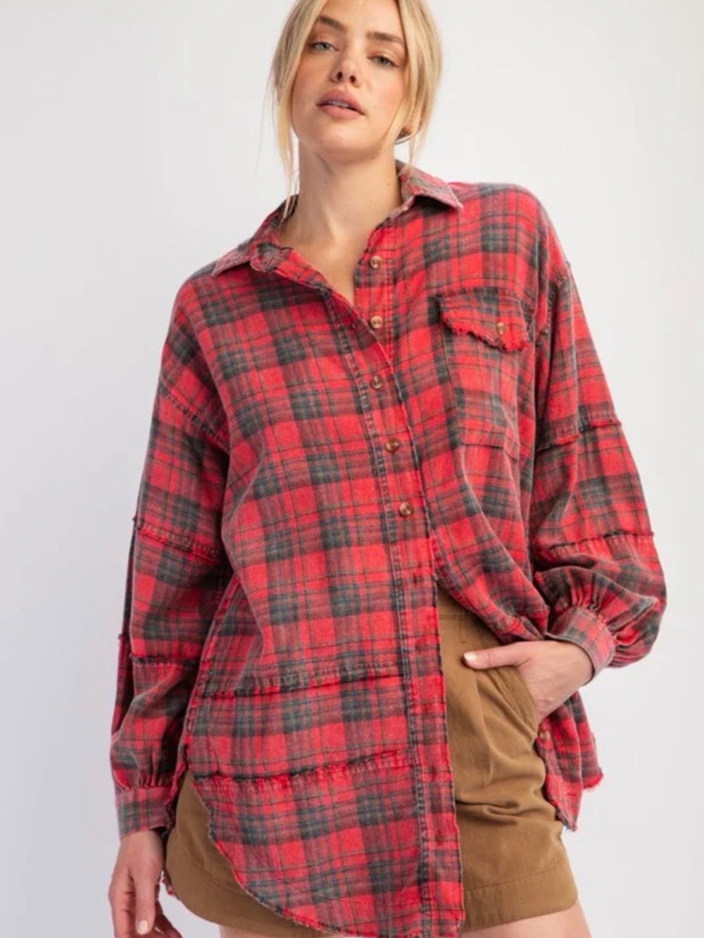Easel Mineral Washed Plaid Shirt Redfoam Sz L Oversized Cotton